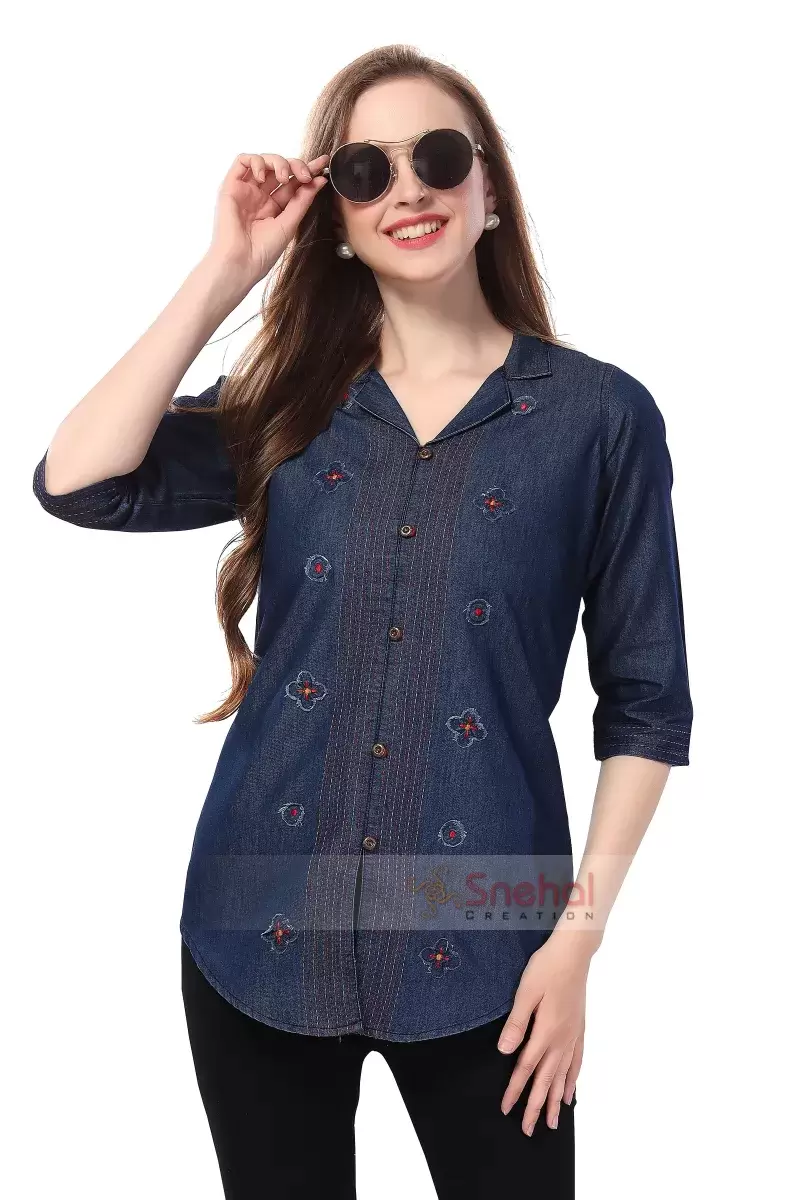 Designer Short Denim Top Denim Elegance Applique Embroidery and Cloud Wash on Coat Collar Tunic